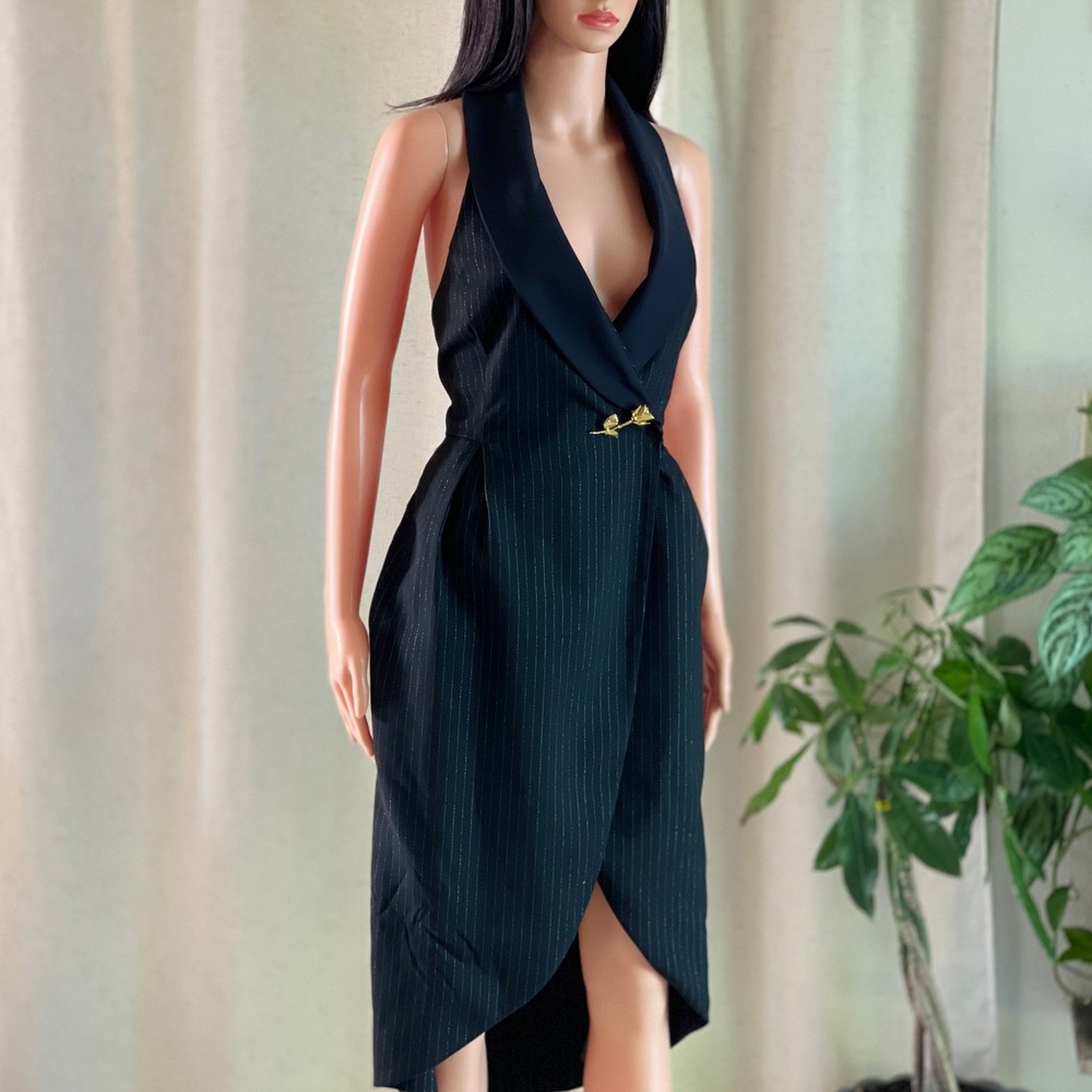 Anthropologie Halter Tuxedo Stripe‎ Midi Dress Black Silver Corporate Goth S